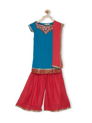 Blue Embroidered Faux Georgette Kids Salwar Suits 1