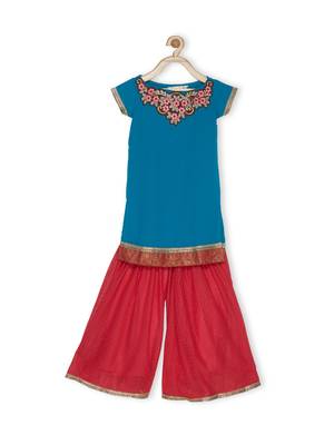 Blue Embroidered Faux Georgette Kids Salwar Suits 2