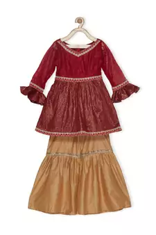 Maroon Woven Net Kids Salwar Suits