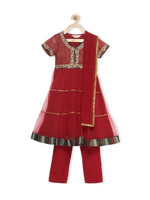 Maroon Embroidered Shimmer Kids Salwar Suits 1