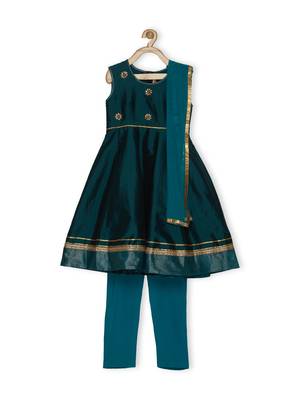 Green Embroidered Taffeta Kids Salwar Suits 1