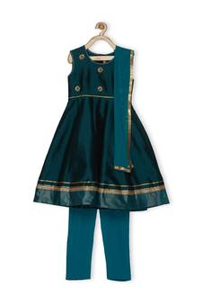 Green Embroidered Taffeta Kids Salwar Suits