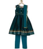 Green Embroidered Taffeta Kids Salwar Suits