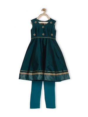 Green Embroidered Taffeta Kids Salwar Suits 2
