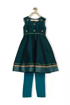 Green Embroidered Taffeta Kids Salwar Suits