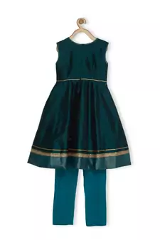 Green Embroidered Taffeta Kids Salwar Suits