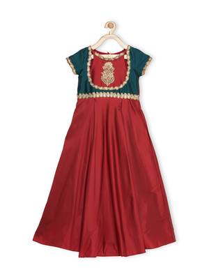 Maroon Embroidered Taffeta Kids Gowns 1