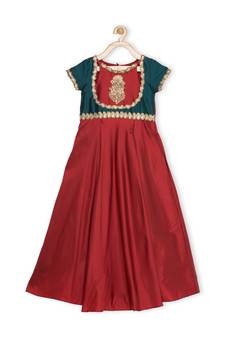 Maroon Embroidered Taffeta Kids Gowns