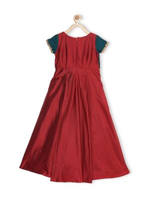 Maroon Embroidered Taffeta Kids Gowns 2