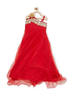 Red Embroidered Net Kids Gowns 1