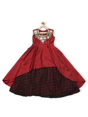 Maroon Embroidered Taffeta Kids Gowns 1