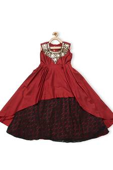 Maroon Embroidered Taffeta Kids Gowns