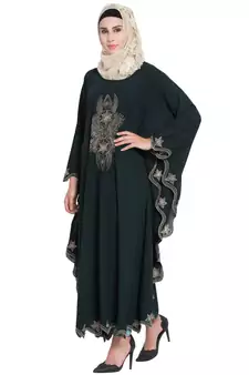Bottle Green Crepe Embroidered Irani Kaftan Abaya With Hijab