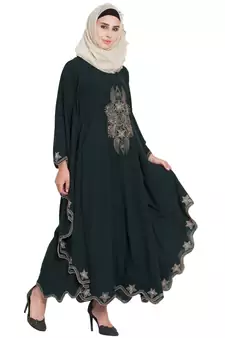 Bottle Green Crepe Embroidered Irani Kaftan Abaya With Hijab