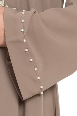 Beige Color Embroidered Crepe Solid Abaya With Hijab 2
