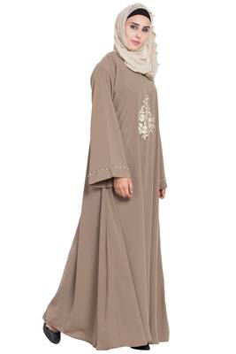 Beige Color Embroidered Crepe Solid Abaya With Hijab 3
