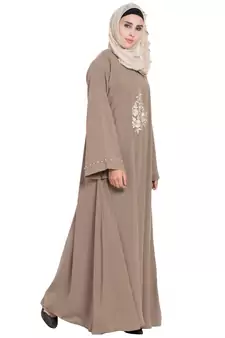 Beige Color Embroidered Crepe Solid Abaya With Hijab