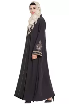 Black Front Open Charcoal Grey Embroidered Crepe Solid Abaya With Hijab