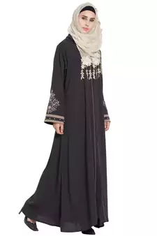 Black Front Open Charcoal Grey Embroidered Crepe Solid Abaya With Hijab