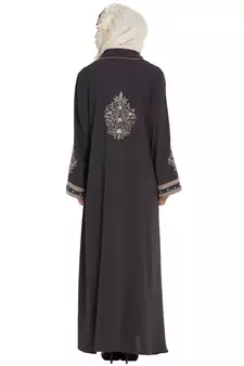 Black Front Open Charcoal Grey Embroidered Crepe Solid Abaya With Hijab