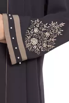 Black Front Open Charcoal Grey Embroidered Crepe Solid Abaya With Hijab