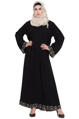 Black Embroidered Crepe Solid Abaya With Hijab 1