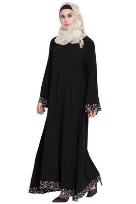 Black Embroidered Crepe Solid Abaya With Hijab 2