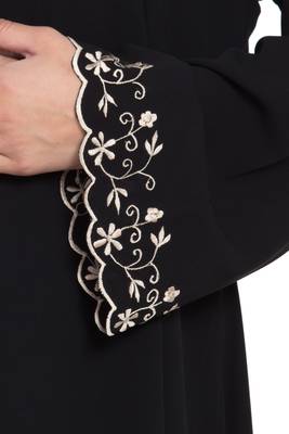 Black Embroidered Crepe Solid Abaya With Hijab 4