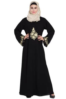 Black A-Line Embroidered Crepe Solid Abaya With Hijab 1