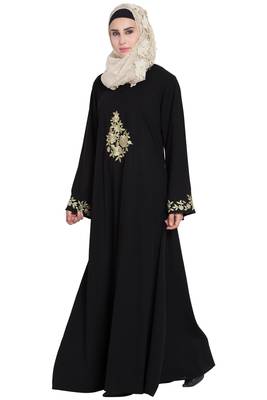 Black A-Line Embroidered Crepe Solid Abaya With Hijab 2