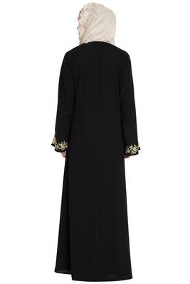 Black A-Line Embroidered Crepe Solid Abaya With Hijab 5