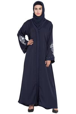 Blue Front Open Nida Solid Abaya With Hijab 1