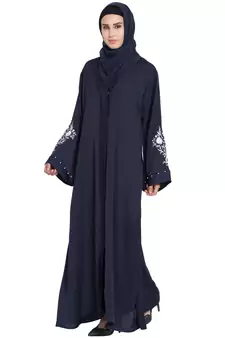 Blue Front Open Nida Solid Abaya With Hijab