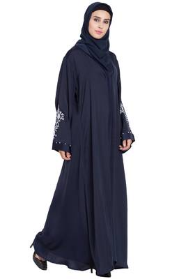 Blue Front Open Nida Solid Abaya With Hijab 4