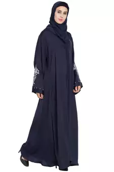 Blue Front Open Nida Solid Abaya With Hijab