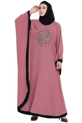 Pink Embroidered Designer Crepe Solid Kaftan Abaya With Hijab 1