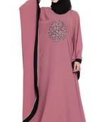 Pink Embroidered Designer Crepe Solid Kaftan Abaya With Hijab