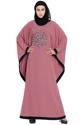 Pink Embroidered Designer Crepe Solid Kaftan Abaya With Hijab 2