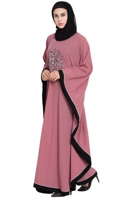 Pink Embroidered Designer Crepe Solid Kaftan Abaya With Hijab 3