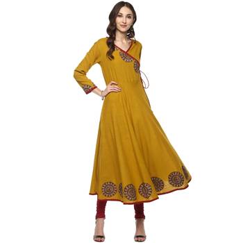 MUSTARD Women's Cotton Slub Angrakha Style Anarkali Kurta 1