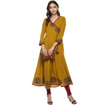 MUSTARD Women's Cotton Slub Angrakha Style Anarkali Kurta 2