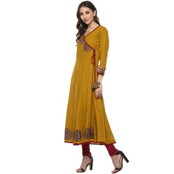 MUSTARD Women's Cotton Slub Angrakha Style Anarkali Kurta 4