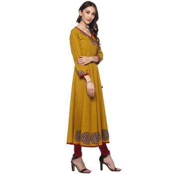 MUSTARD Women's Cotton Slub Angrakha Style Anarkali Kurta 5