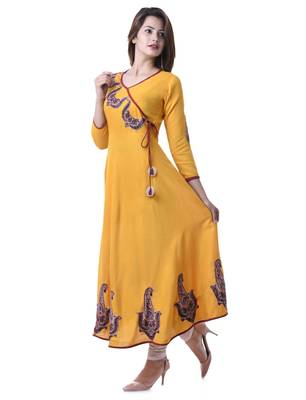 YELLOW Women's Rayon Anarkali Patch Work Kurta 2