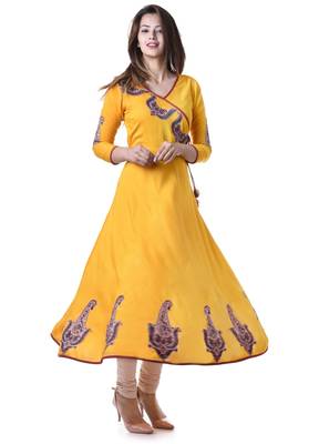YELLOW Women's Rayon Anarkali Patch Work Kurta 3