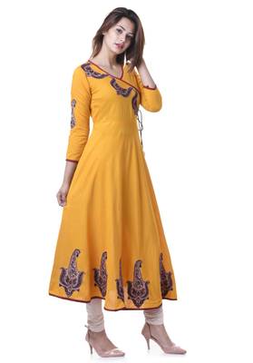 YELLOW Women's Rayon Anarkali Patch Work Kurta 5