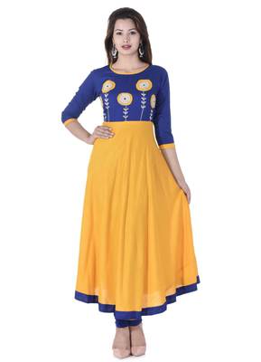 YELLOW Women's Rayon Patch Work Anarkali Kurta 5