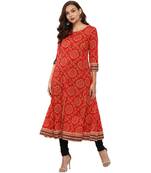 RED Women's Cotton Bandhej Print Anarkali Kurta