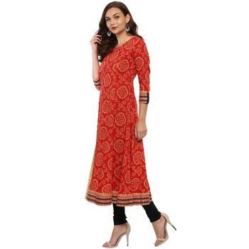 RED Women's Cotton Bandhej Print Anarkali Kurta 2