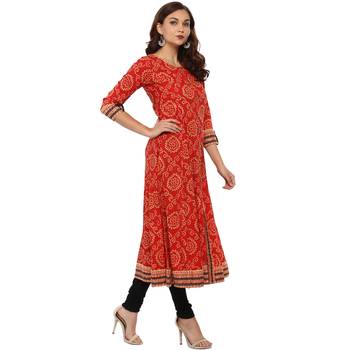 RED Women's Cotton Bandhej Print Anarkali Kurta 4